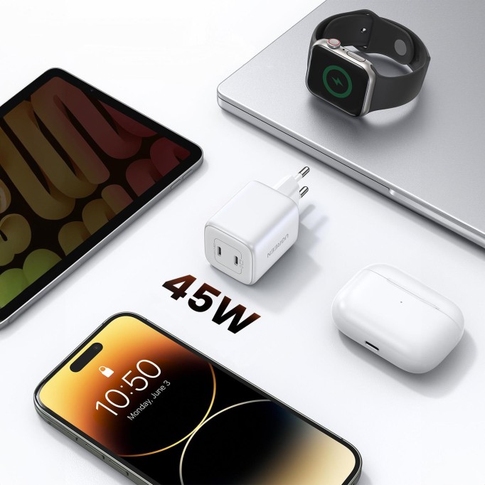 Ugreen Nexode 45W USB Type-C QC 4.0 PD GaN X 2 Portlu Hızlı Şarj Cihazı Beyaz