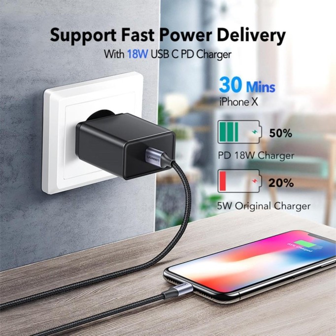 Ugreen Örgülü 36W PD Type-C to Lightning Hızlı Şarj ve Data Kablosu 1,5 Metre