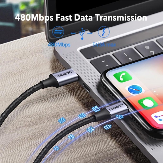Ugreen Örgülü 36W PD Type-C to Lightning Hızlı Şarj ve Data Kablosu 1,5 Metre