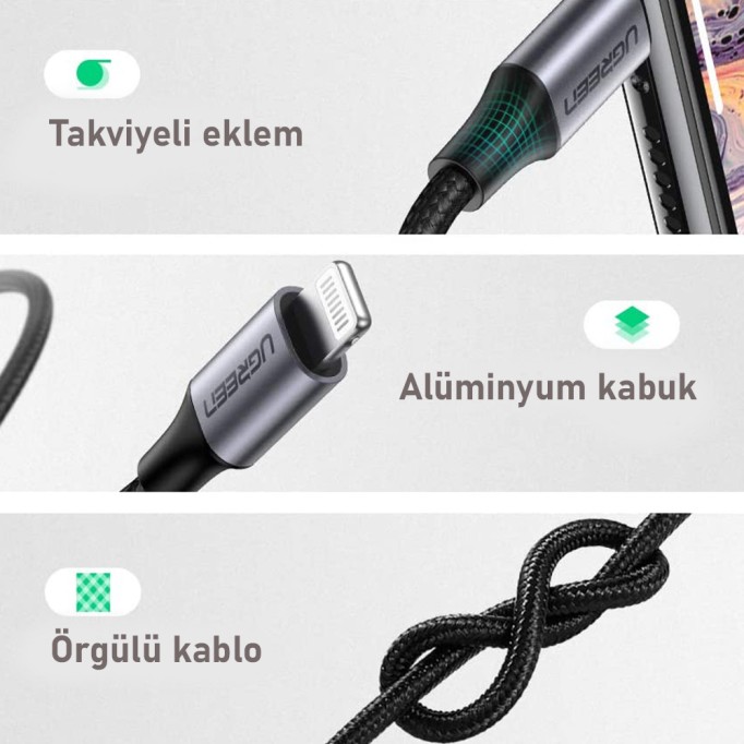 Ugreen Örgülü MFİ Lightning 3.5mm iPhone iPad Aux Kablo 2 Metre