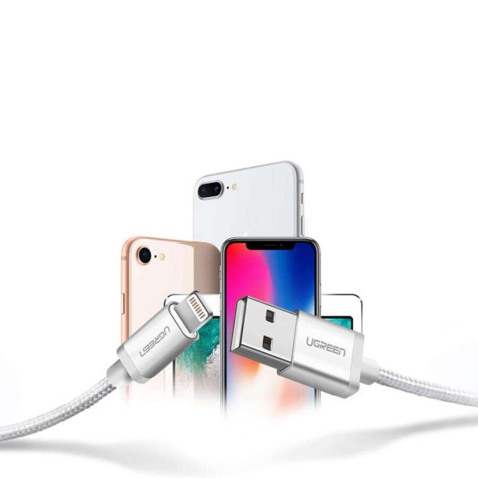 Ugreen Örgülü MFI Lightning iPhone Şarj Ve Data Kablosu Beyaz 1.5 Metre