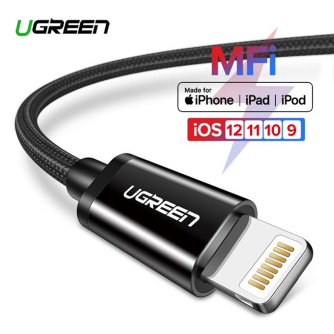 Ugreen Örgülü MFI Lightning iPhone Şarj ve Data Kablosu Siyah 2 Metre