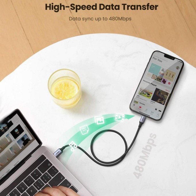 Ugreen Örgülü Type-C to Lightning iPhone Hızlı Şarj Kablosu Siyah 2 Metre