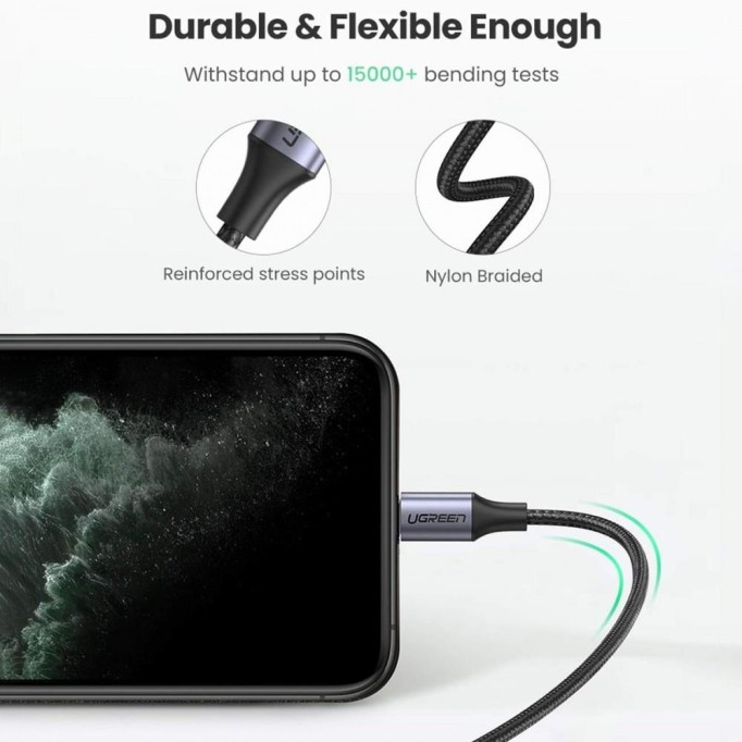 Ugreen Örgülü Type-C to Lightning iPhone Hızlı Şarj Kablosu Siyah 2 Metre