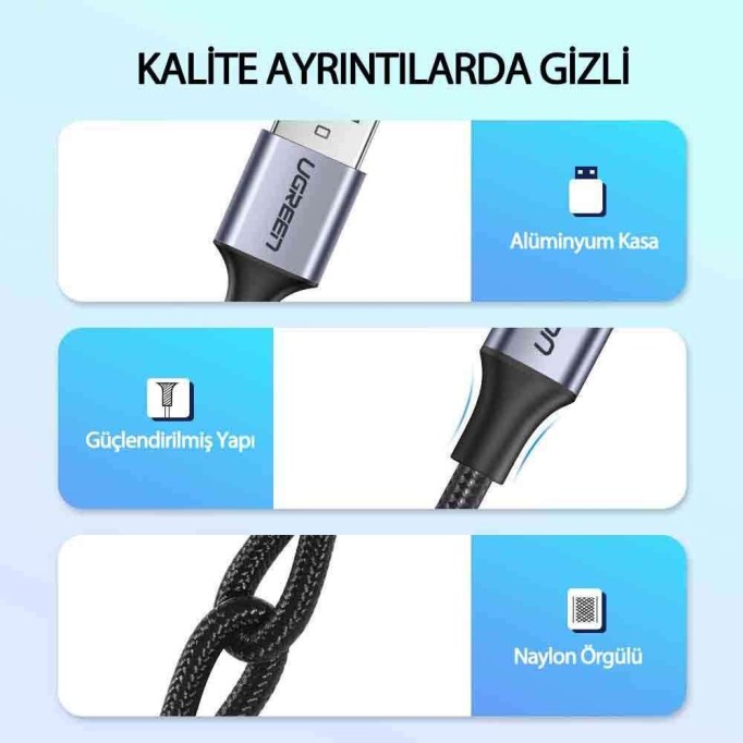 Ugreen Örgülü USB Type-C Şarj ve Data Kablosu Siyah 2 Metre