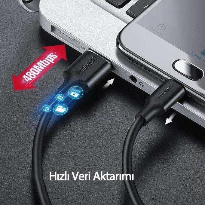 Ugreen Örgülü USB Type-C Şarj ve Data Kablosu Siyah 1 Metre