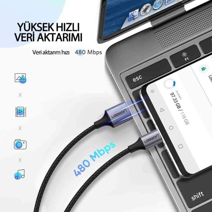 Ugreen Örgülü USB Type-C Şarj ve Data Kablosu Siyah 1 Metre