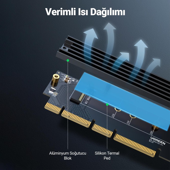 Ugreen PCIe 4.0 x4 x8 x16 Uyumlu 64Gbps NVMe M.2 SSD Dönüştürücü Adaptör