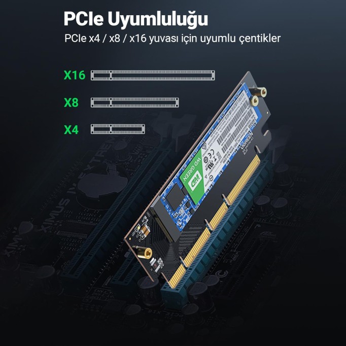 Ugreen PCIe 4.0 x4 x8 x16 Uyumlu 64Gbps NVMe M.2 SSD Dönüştürücü Adaptör