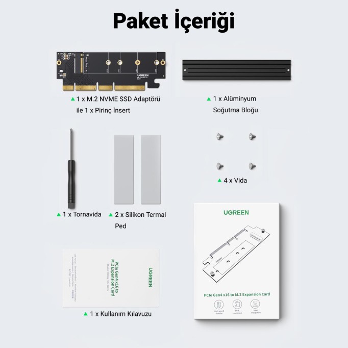 Ugreen PCIe 4.0 x4 x8 x16 Uyumlu 64Gbps NVMe M.2 SSD Dönüştürücü Adaptör