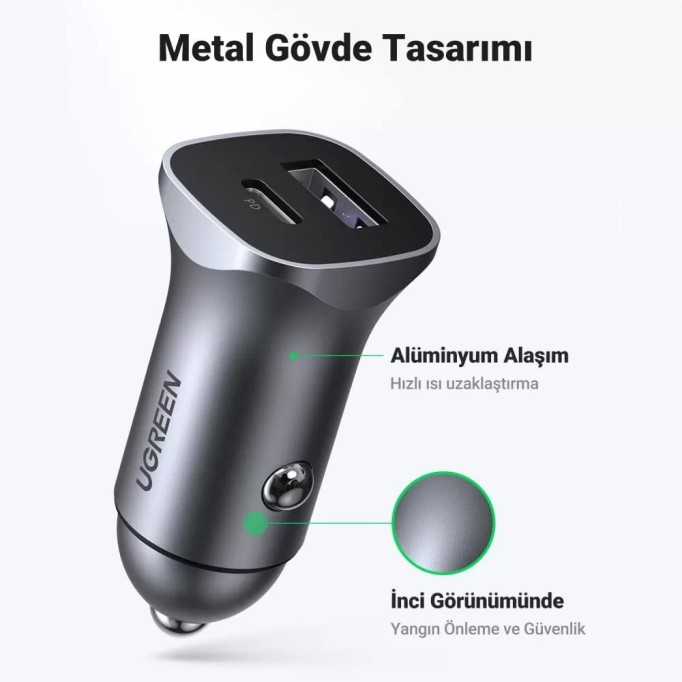 Ugreen PD 30W SCP 22.5W Type-C USB Alüminyum Araç Çakmaklık Şarjı