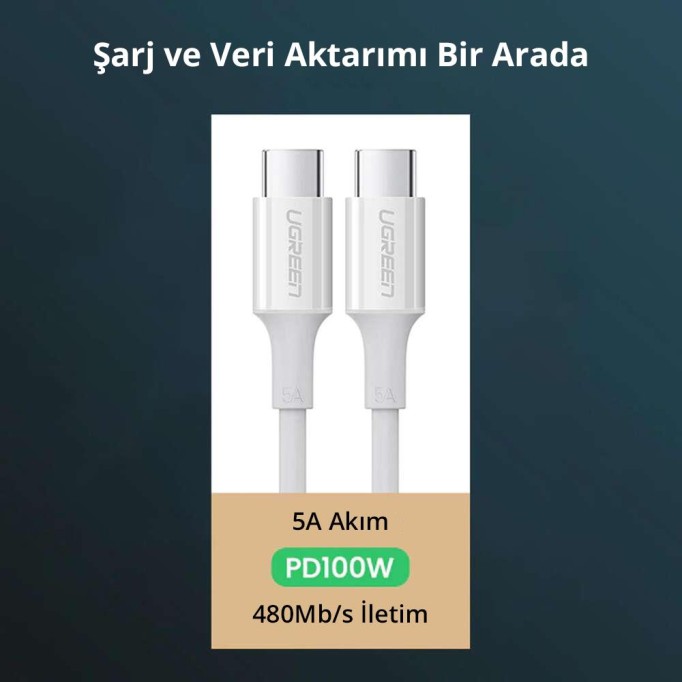 Ugreen Type-C 100W 5A PD Hızlı Şarj ve Data Kablosu