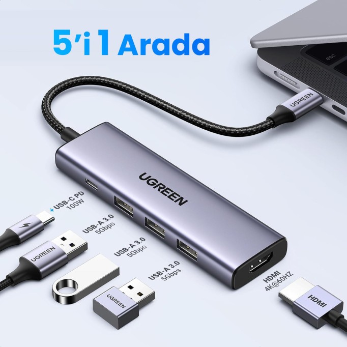 Ugreen Type-C to 4K/30Hz HDMI 3*USB 3.0 100W PD Güç Girişi Çoklayıcı Hub Adaptör