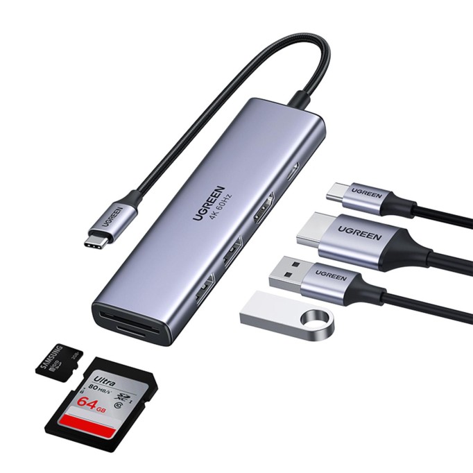 Ugreen Type-C to 4K 60Hz HDMI SD TF Kart Okuyucu 3 Portlu USB Hub Çoklayıcı Adaptör