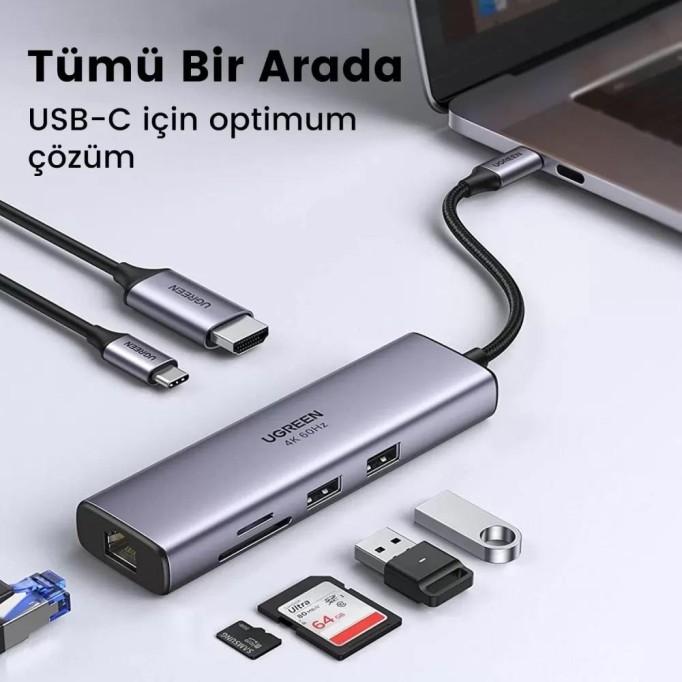 Ugreen Type C to PD 100W HDMI RJ45 USB SD Micro SD Dönüştürücü Hub