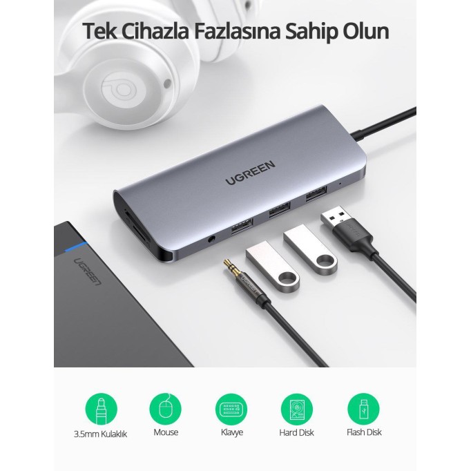 Ugreen Type-C to USB 3.0 HDMI VGA RJ45 TF SD 3.5mm Aux PD Dönüştürücü Adaptör