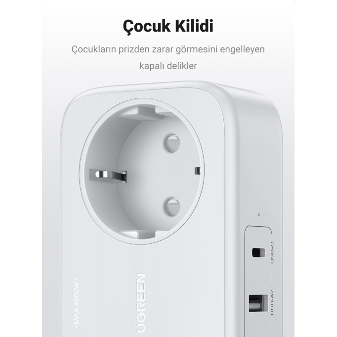 Ugreen Type-C USB Çıkışlı 2 li Akım Korumalı Grup Priz 1.8 Metre