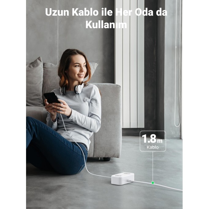 Ugreen Type-C USB Çıkışlı 2 li Akım Korumalı Grup Priz 1.8 Metre