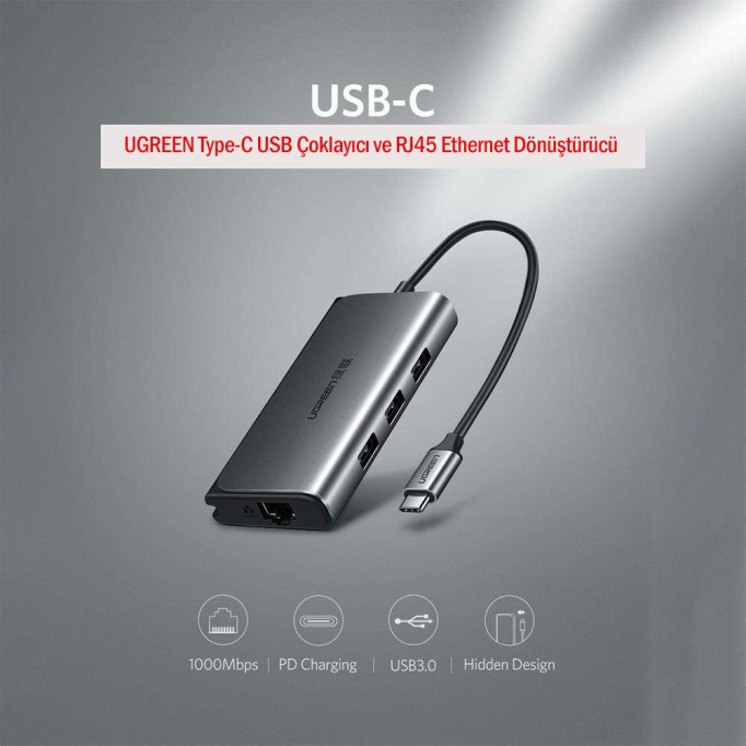 Ugreen Type-C USB Çoklayıcı ve RJ45 Ethernet Dönüştürücü