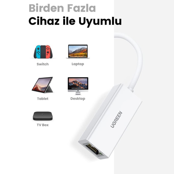 Ugreen USB 2.0 PC Mac Konsol Tv Box Ethernet Adaptörü Beyaz