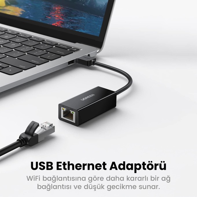 Ugreen USB 2.0 PC Mac Konsol Tv Box Ethernet Adaptörü Siyah