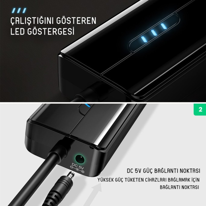 Ugreen USB 3.0 Ethernet Dönüştürücü ve 3 Portlu USB Hub Çoklayıcı
