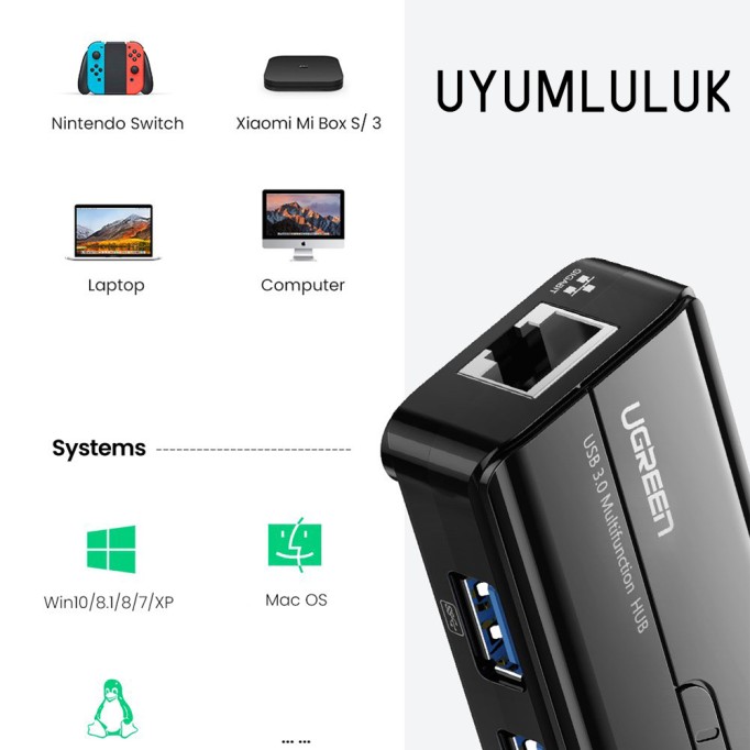 Ugreen USB 3.0 Ethernet Dönüştürücü ve 3 Portlu USB Hub Çoklayıcı