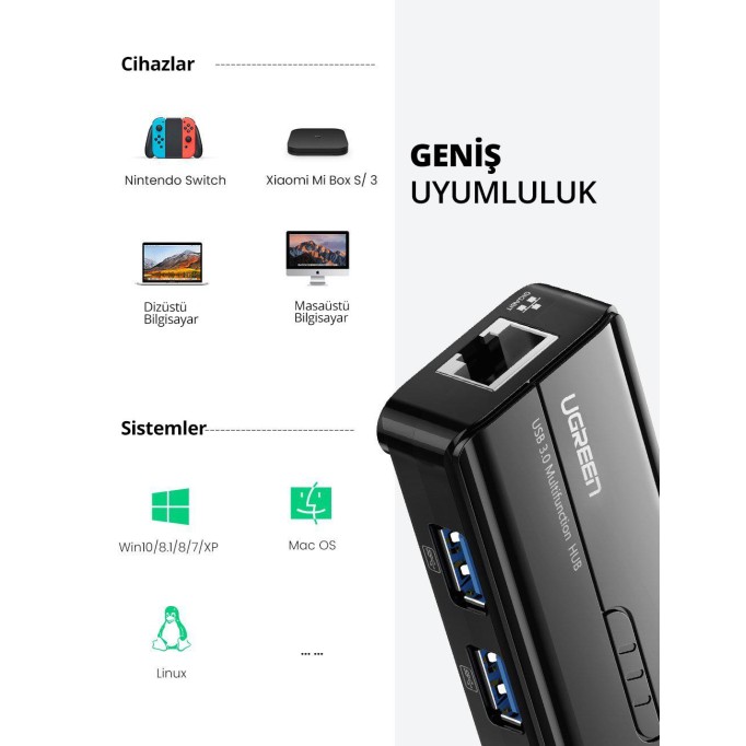 Ugreen USB 3.0 Gigabit Ethernet Dönüştürücü ve 3 Port USB Hub Çoklayıcı