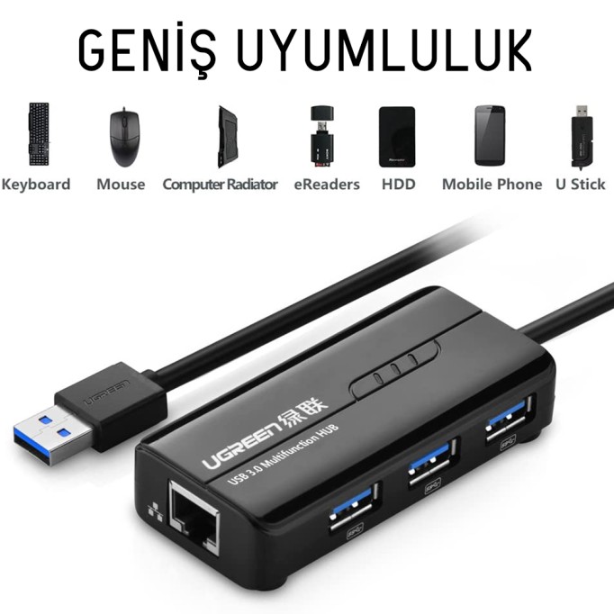 Ugreen USB 3.0 Gigabit Ethernet Dönüştürücü ve 3 Port USB Hub Çoklayıcı