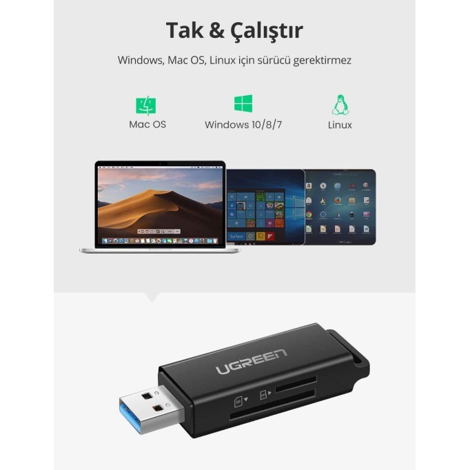 Ugreen USB 3.0 Micro SD ve SD Kart Okuyucu Siyah