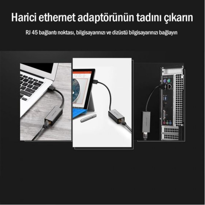 Ugreen USB 3.0 PC Mac Konsol Tv Box Ethernet Adaptörü Siyah