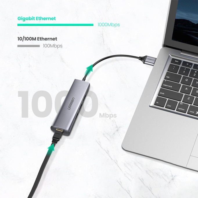 Ugreen USB 3.0 to 1000Mbps RJ45 Gigabit Ethernet 3*USB 3.0 Çoklayıcı Hub Adaptör