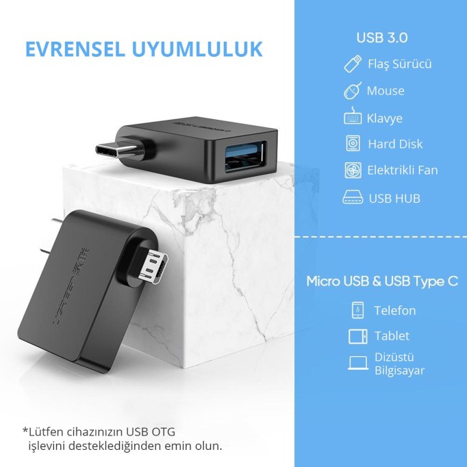 Ugreen USB 3.0 Type-C ve Micro USB Dönüştürücü Adaptör