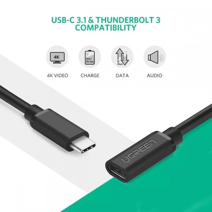 Ugreen USB 3.1 Thunderbolt 3 Type-C Erkek to Type-C Dişi Uzatma Kablosu 50 CM