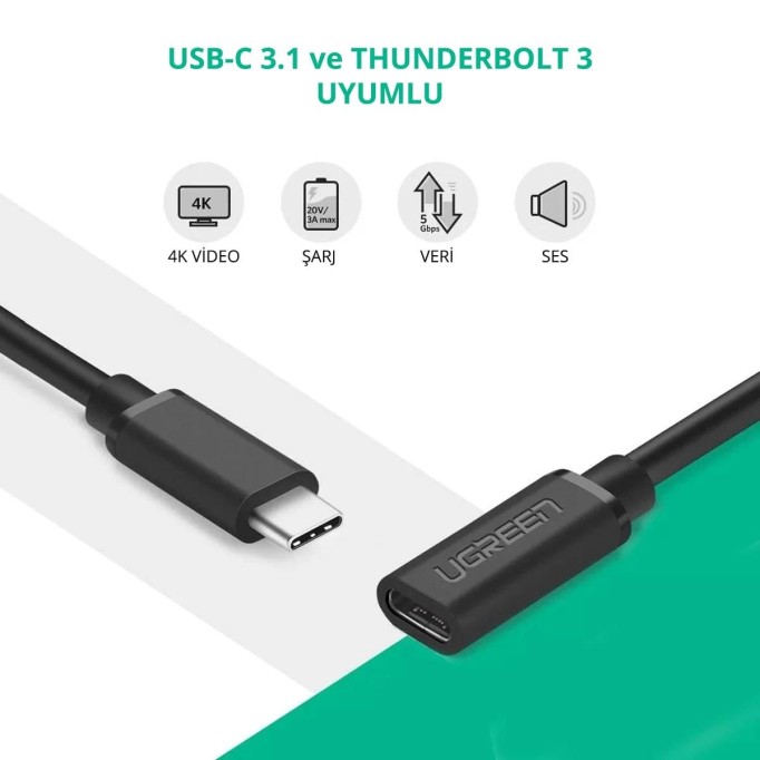 Ugreen USB 3.1 Thunderbolt 3 Type-C Erkek to Type-C Dişi Uzatma Kablosu 50 CM