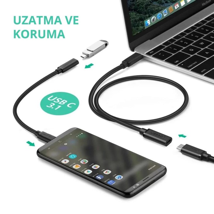 Ugreen USB 3.1 Thunderbolt 3 Type-C Erkek to Type-C Dişi Uzatma Kablosu 50 CM