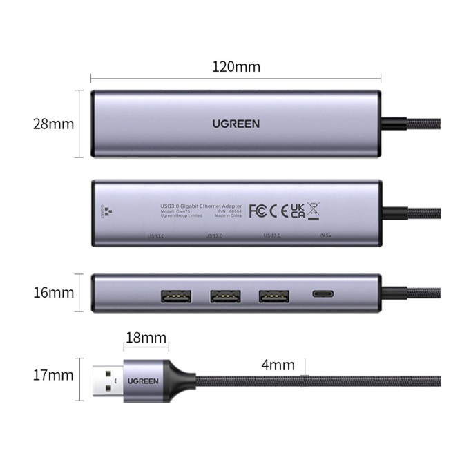 Ugreen USB-A to 1000Mbps Gigabit Ethernet 3*USB-A 3.0 Hub Çoklayıcı Dönüştürücü