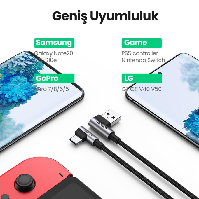 Ugreen USB-A to Type-C 90 Derece 3A Hızlı Şarj ve Data Kablosu 1 Metre