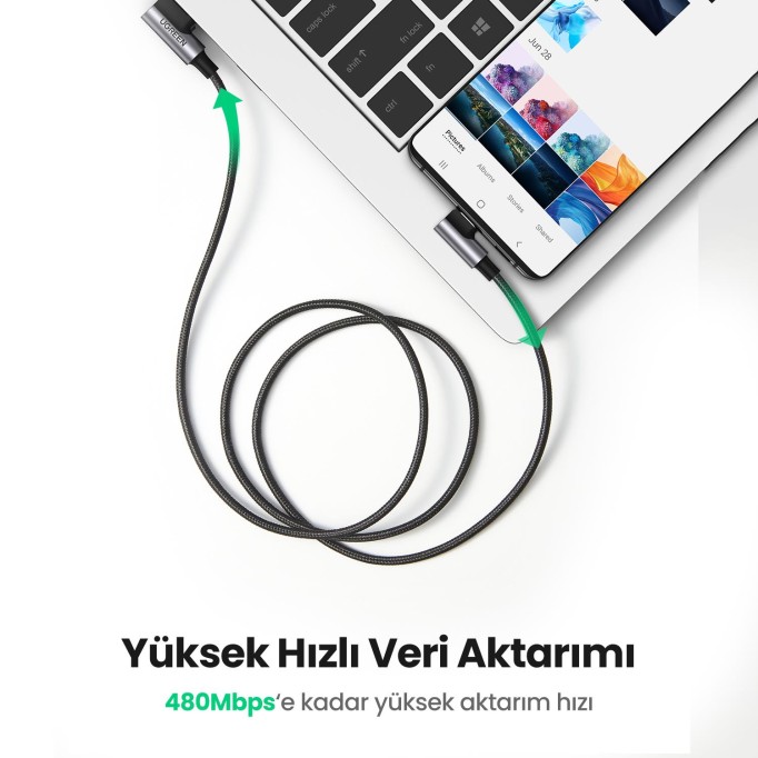 Ugreen USB-A to Type-C 90 Derece 3A Hızlı Şarj ve Data Kablosu 3 Metre