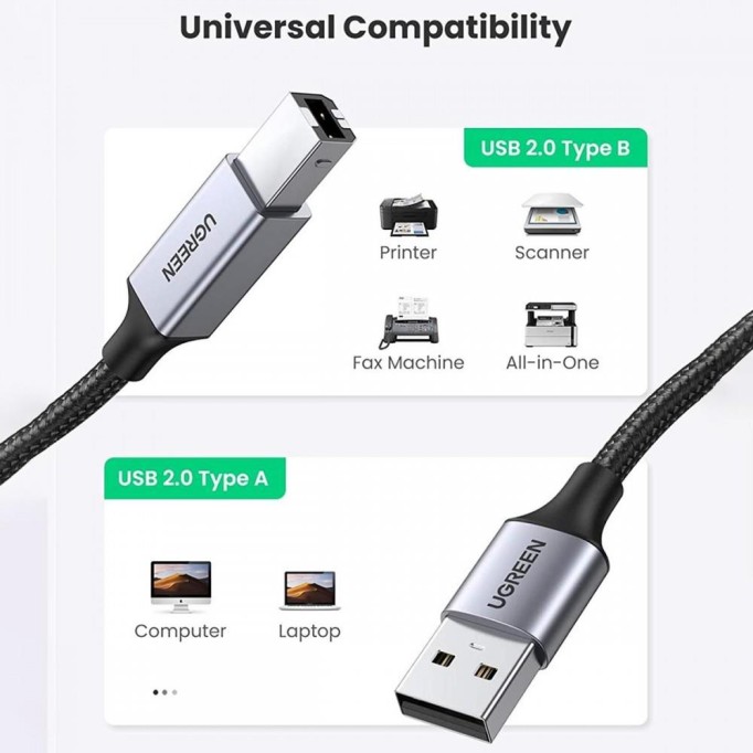 Ugreen USB-A to USB-B 2.0 Örgülü Yazıcı Kablosu 1.5 Metre