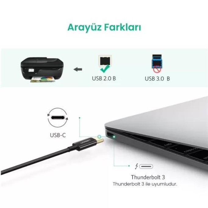 Ugreen USB Type-C to USB B Yazıcı Kablosu 2 Metre Siyah