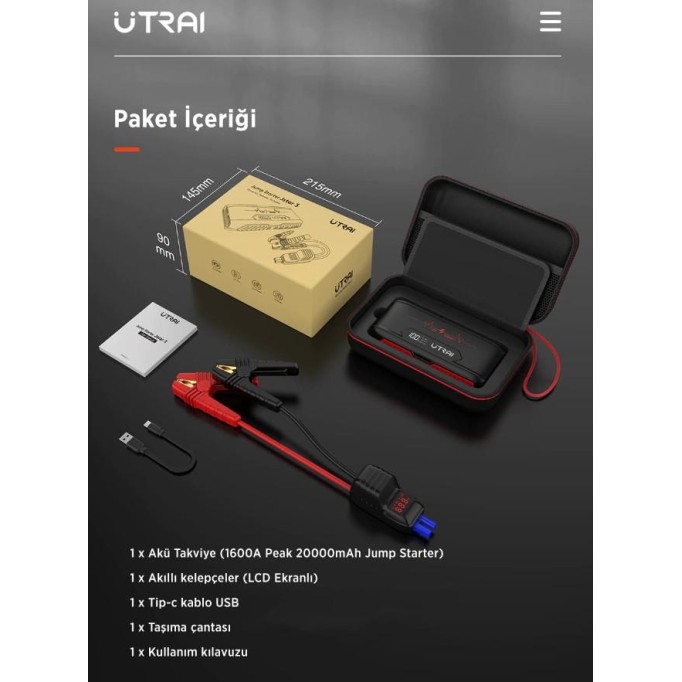 UTRAI Jstar 3 20000mAh 1600A Jump Starter Akü Takviye Cihazı (Çanta + Powerbank + Led Lamba) UTRAI Jstar 3 20000mAh 1600A Jump Starter Akü Takviye Cihazı (Çanta + Powerbank + Led Lamba)