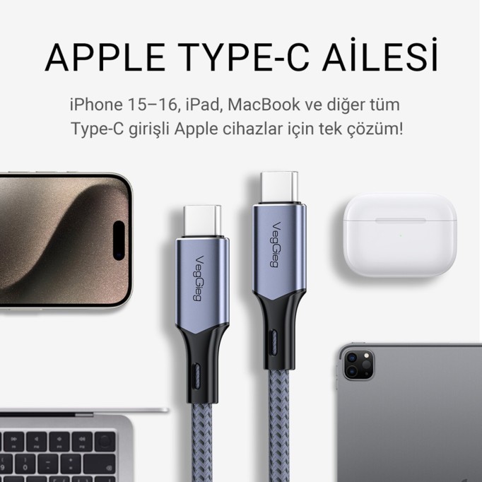 Veggieg 100W 5A E-Mark Çipli PD Type-C to Type-C Hızlı Şarj ve Data Kablosu 2 Metre