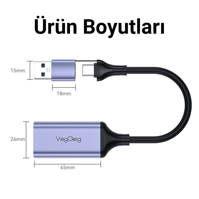 VegGieg 1080P 60Hz HDMI Video Capture Card USB 3.0 ve Type-C Görüntü Yakalama Kartı