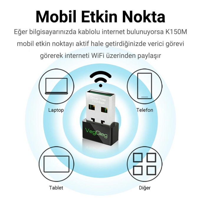 VegGieg 150 Mbps 2.4Ghz Kablosuz WiFi Alıcı Verici Nano USB Adaptör
