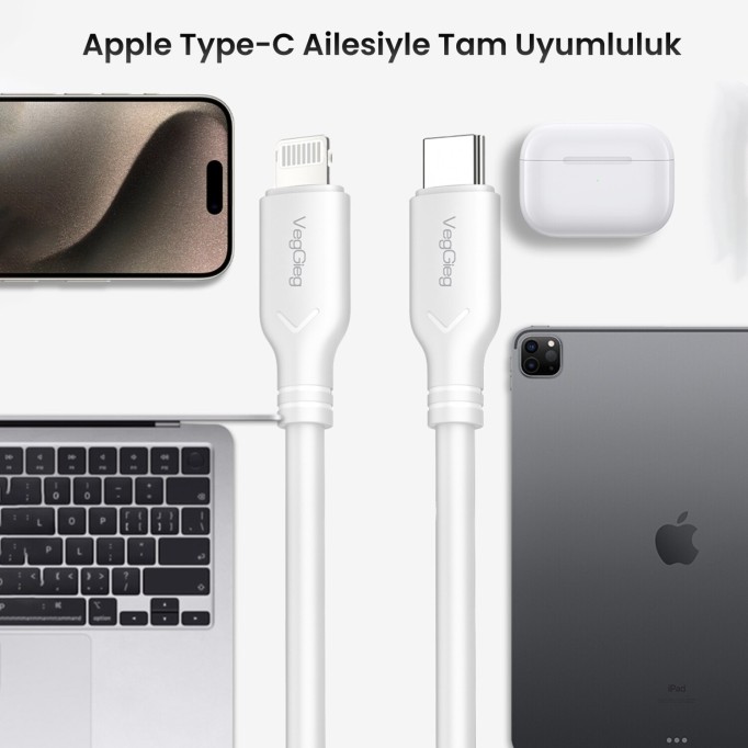 VegGieg 27W Type-C to Lightning iPhone iPad Uyumlu PD Hızlı Şarj ve Data Kablosu 1.2 Metre