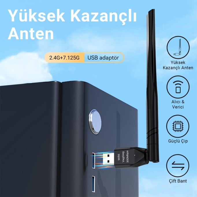 VegGieg 300 Mbps 2.4Ghz/6Ghz Dual Band Alıcı Verici USB WiFi 6 Adaptör