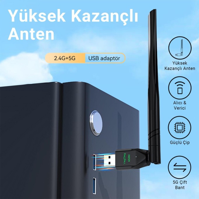 VegGieg 650 Mbps 2.4GHz/5GHz Dual Band Alıcı Verici USB WiFi Adaptör