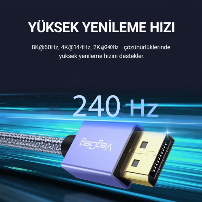 VegGieg 8K/60Hz 4K/165Hz 2K/240Hz DisplayPort 1.4 Kablo 1.5 Metre