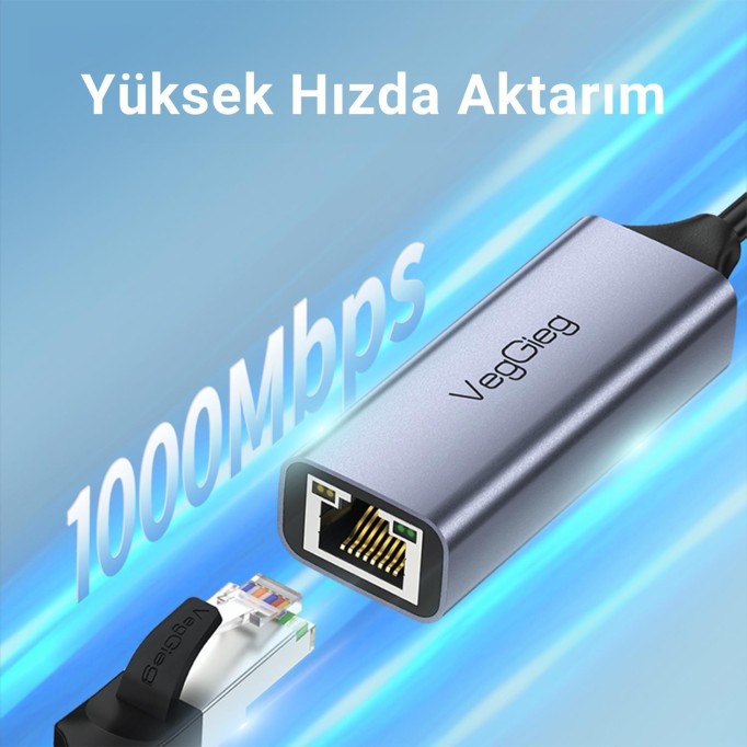 VegGieg Type-C 1000Mbps Gigabit Ethernet Adaptörü PC, Mac, Konsol, Tv Box Uyumlu